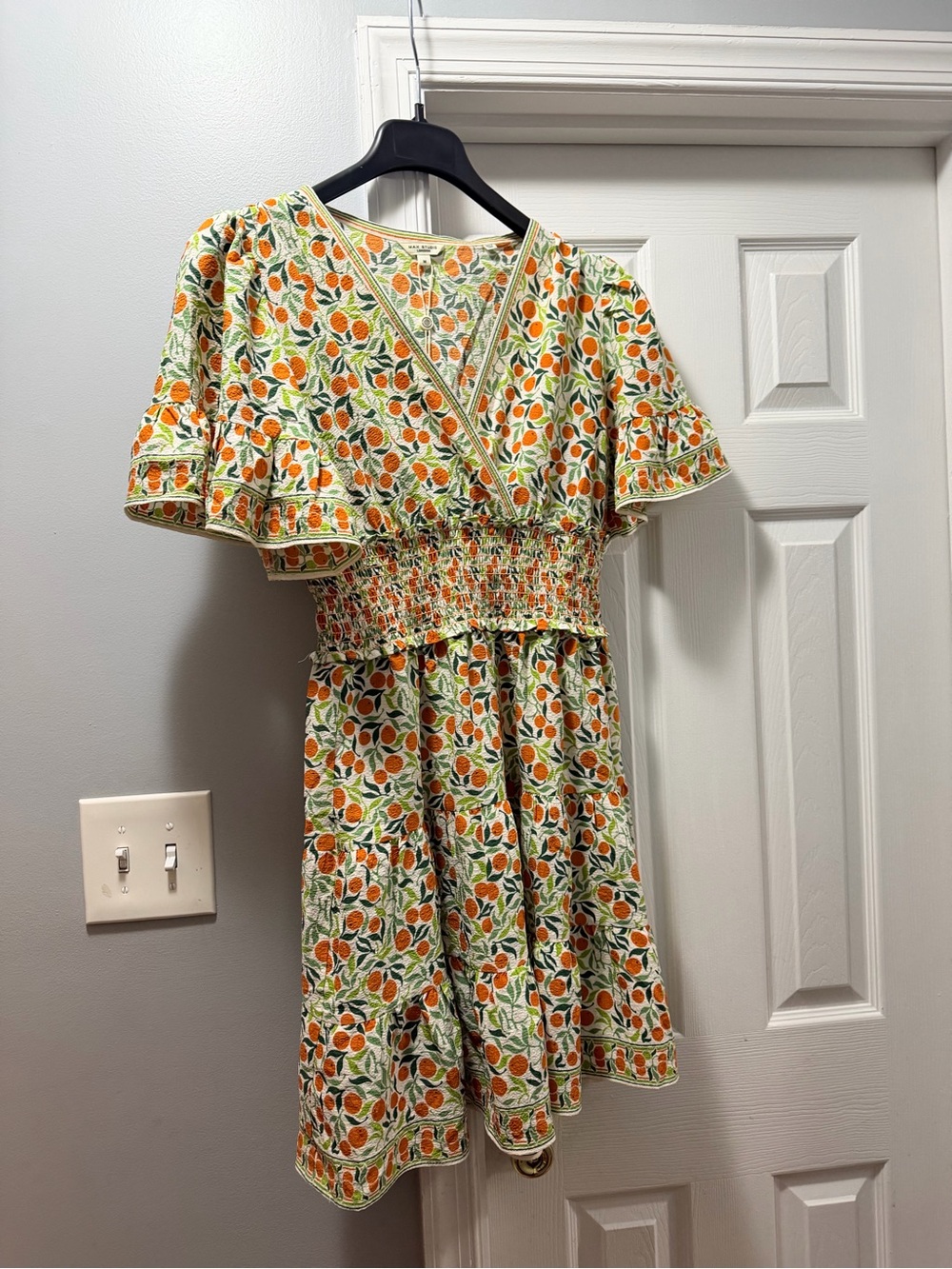 Max Studio Orange & Green Floral V-Neck Summer Dress elastic waist